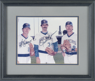 ROBIN YOUNT, ROLLIE FINGERS AND TED SIMMONS SIGNED AND FRAMED PHOTOGRAPH