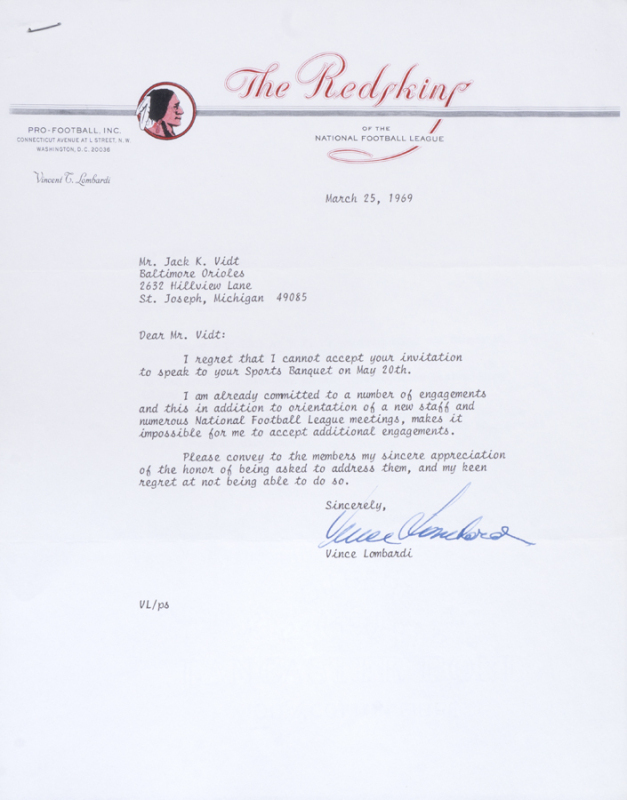 VINCE LOMBARDI SIGNED WASHINGTON REDSKINS LETTER