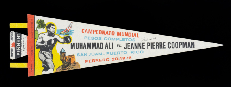 MUHAMMAD ALI VS JEAN-PIERRE COOPMAN SIGNED 1976 ORIGINAL FIGHT PENNANT