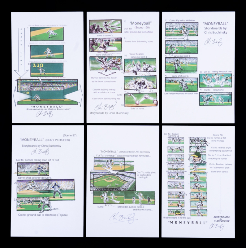 CHRIS BUCHINSKY SIGNED MONEYBALL FILM PRODUCTION USED STORYBOARDS GROUP OF SIX