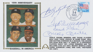 MANTLE, WILLIAMS, YASTRZEMSKI AND F. ROBINSON SIGNED FIRST DAY COVER