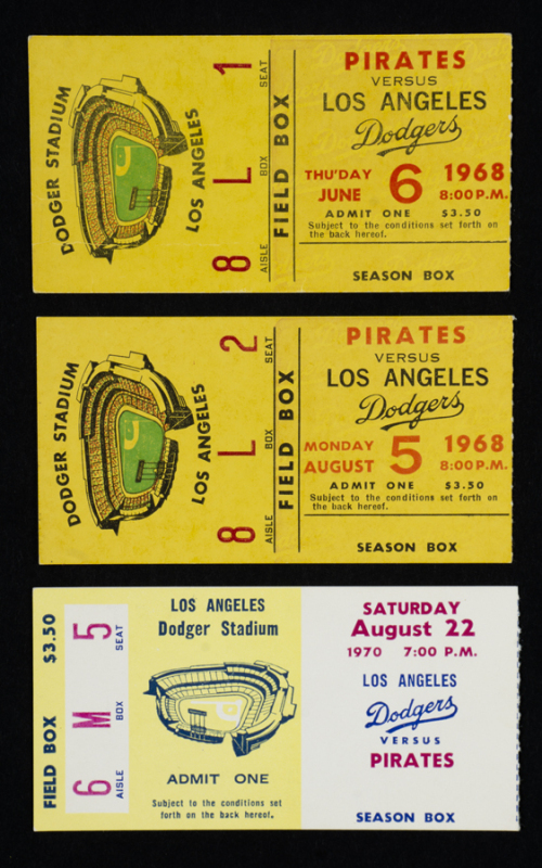 ROBERTO CLEMENTE FIVE-HIT GAME 1970 DODGER STADIUM TICKET STUB WITH 1968 THREE-HIT GAME STUBS