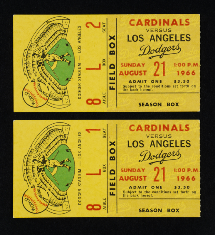 SANDY KOUFAX 1966 FINAL SEASON 20TH WIN TICKET STUB PAIR