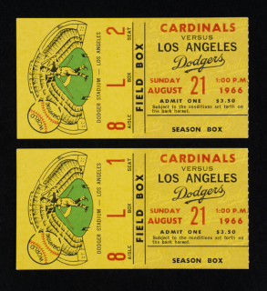 SANDY KOUFAX 1966 FINAL SEASON 20TH WIN TICKET STUB PAIR