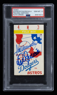 FERNANDO VALENZUELA AND MIKE SCIOSCIA SIGNED 1981 LOS ANGELES DODGERS OPENING DAY TICKET PSA 10