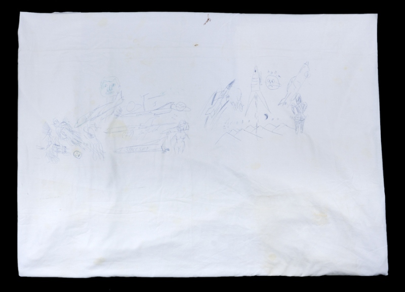 MUHAMMAD ALI AND JOHN TRAVOLTA SIGNED TABLECLOTH WITH ORIGINAL DRAWINGS FROM BOTH