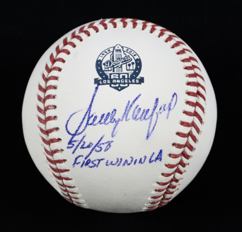 SANDY KOUFAX SIGNED AND "FIRST WIN IN LA" INSCRIBED LOS ANGELES DODGERS 60TH ANNIVERSARY BASEBALL