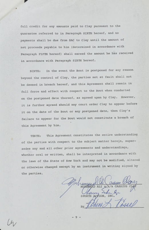 MUHAMMAD ALI 1970 SIGNED CONTRACT FOR JERRY QUARRY FIGHT