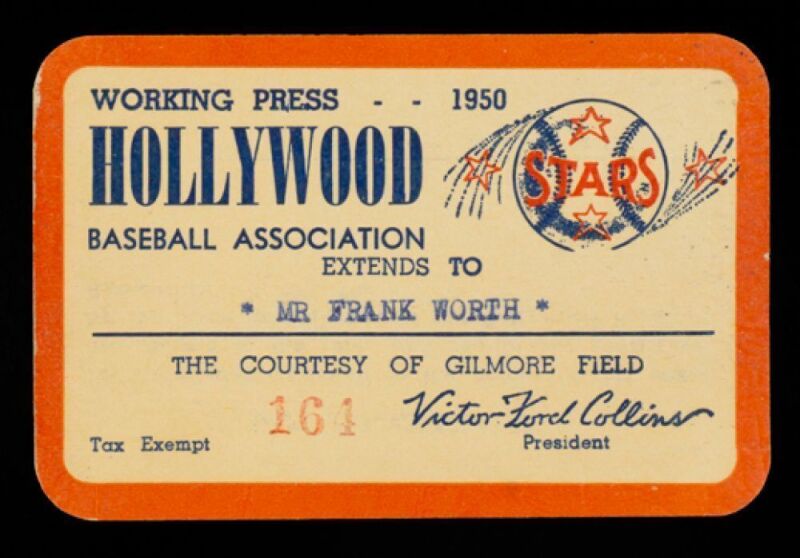 FRANK WORTH 1950 HOLLYWOOD BASEBALL ASSOCIATION PRESS PASS