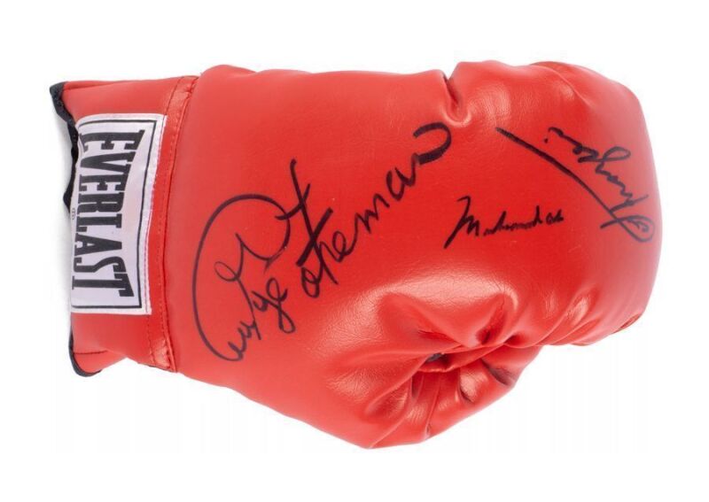 MUHAMMAD ALI, GEORGE FOREMAN AND JOE FRAZIER SIGNED BOXING GLOVE