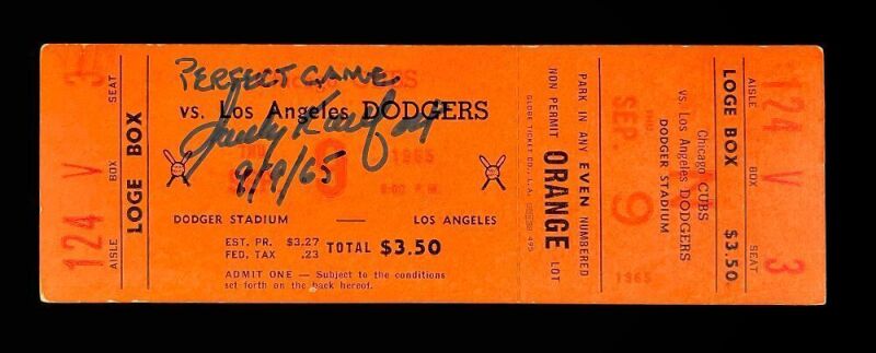 SANDY KOUFAX SIGNED AND INSCRIBED 1965 PERFECT GAME TICKET