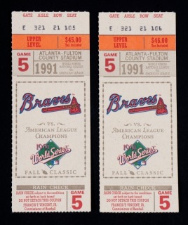 1991 WORLD SERIES GAME FIVE TICKETS PAIR