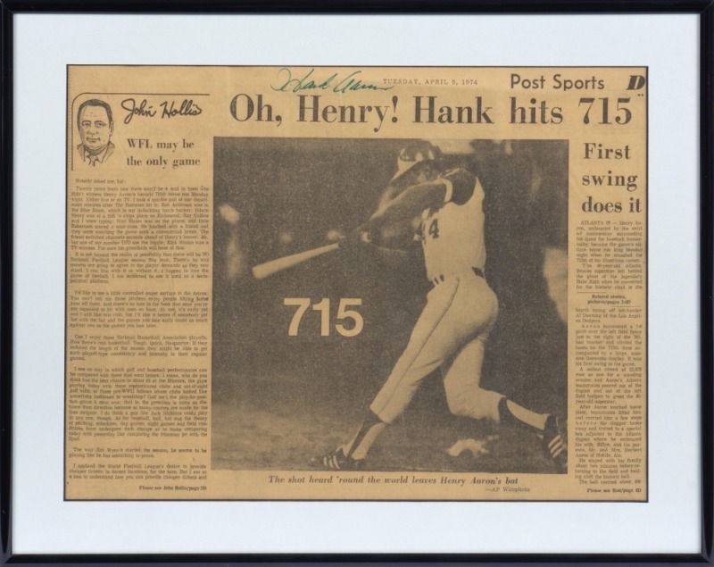 HANK AARON SIGNED 715th HOME RUN HOUSTON POST NEWSPAPER - JSA