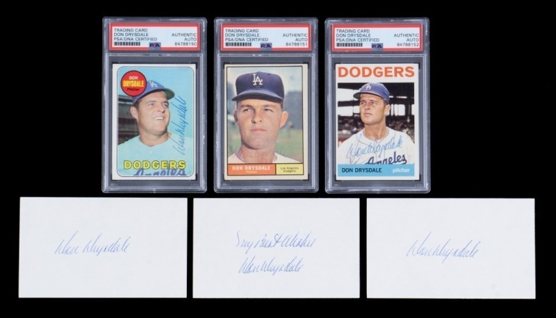 DON DRYSDALE GROUP OF SIGNED BASEBALL AND INDEX CARDS