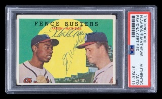 HANK AARON & ED MATHEWS SIGNED 1959 TOPPS "FENCE BUSTERS" CARD #212 - PSA