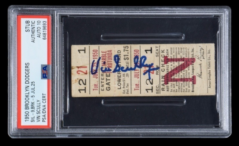 VIN SCULLY SIGNED "ROOKIE YEAR" 1950 BROOKLYN DODGERS TICKET STUB – ONE OF ONE - ONLY AUTOGRAPHED 1950 BROOKLYN TICKET