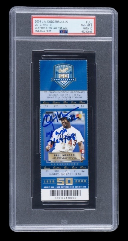 CLAYTON KERSHAW SIGNED FIRST CAREER WIN FULL DODGERS TICKET – PSA 8 / AUTO 10 - HIGHEST GRADED AUTOGRAPHED TICKET