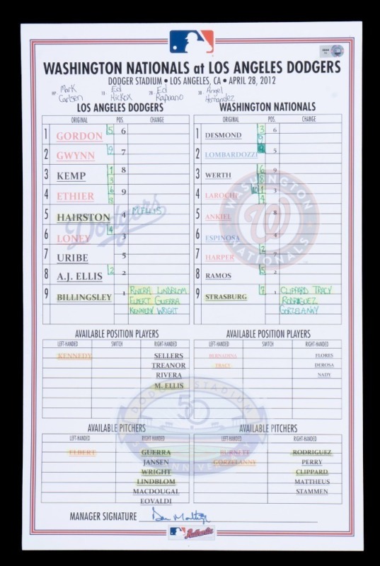 BRYCE HARPER MAJOR LEAGUE DEBUT AND DON MATTINGLY SIGNED LINE-UP CARD