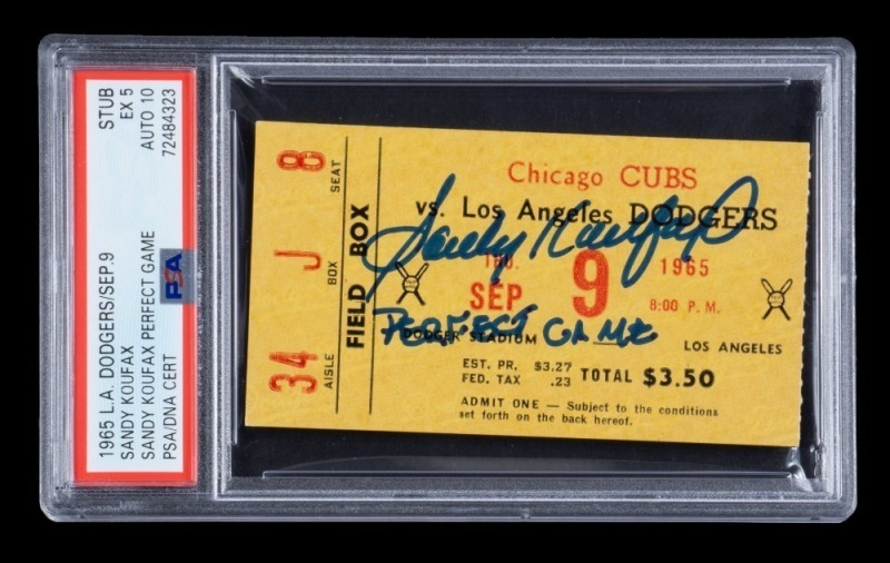 SANDY KOUFAX SIGNED AND PERFECT GAME INSCRIBED 1965 LOS ANGELES DODGERS TICKET STUB - PSA 5 / AUTO 10 - ONLY 11 AUTOGRAPHED WITH ONLY ONE GRADED HIGHER
