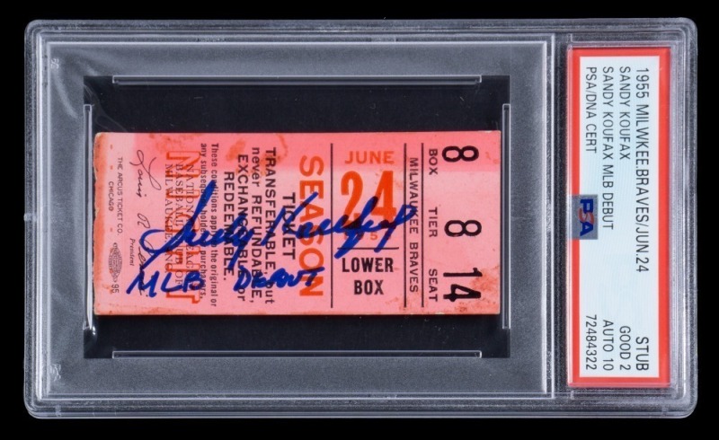 SANDY KOUFAX SIGNED & INSCRIBED MLB DEBUT 1955 MILWAUKEE BRAVES TICKET STUB - PSA 2 / AUTO 10 - 1 of 5 AND HIGHEST GRADED - ONLY AUTOGRAPHED TICKET