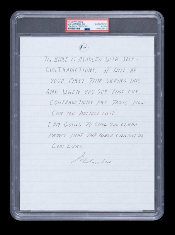 MUHAMMAD ALI HANDWRITTEN AND SIGNED BIBLE CONTRADICTIONS PAGE - PSA
