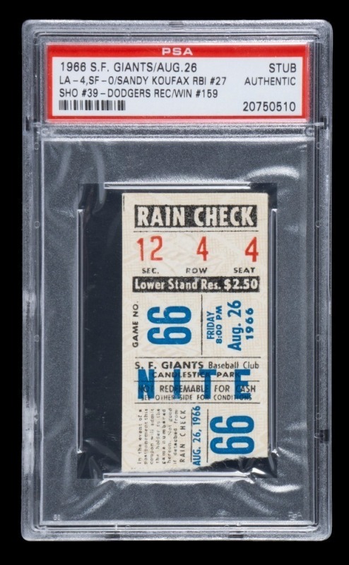 SANDY KOUFAX CAREER WIN #159 / SO #39 1966 LOS ANGELES DODGERS TICKET STUB - PSA AUTHENTIC - ONE OF TWO
