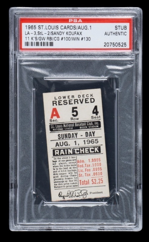 SANDY KOUFAX CAREER COMPLETE GAME #100 1965 ST. LOUIS CARDINALS TICKET STUB - PSA AUTHENTIC - ONE OF ONE