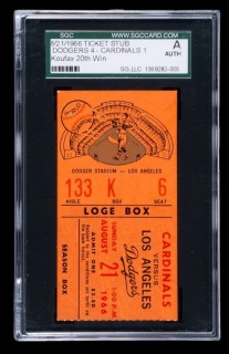 SANDY KOUFAX 1966 20TH WIN LOS ANGELES DODGERS TICKET STUB - SGC AUTHENTIC
