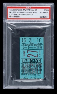 SANDY KOUFAX CAREER WIN #15 1958 MILWAUKEE BRAVES TICKET STUB - PSA AUTHENTIC - ONE OF SEVEN