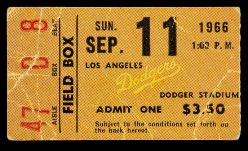 SANDY KOUFAX LAST CAREER SHUTOUT #40 1966 LOS ANGELES DODGERS TICKET STUB