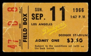 SANDY KOUFAX LAST CAREER SHUTOUT #40 1966 LOS ANGELES DODGERS TICKET STUB