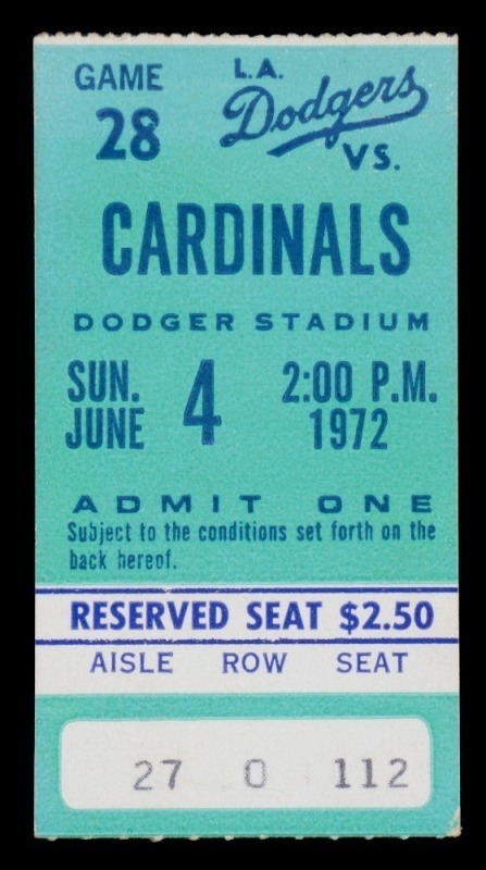 SANDY KOUFAX 1972 LOS ANGELES DODGERS JERSEY RETIREMENT TICKET STUB