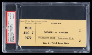 SANDY KOUFAX 1972 MAJOR LEAGUE BASEBALL HALL OF FAME GAME PRESS PASS FULL TICKET - PSA AUTHENTIC - ONE OF ONE