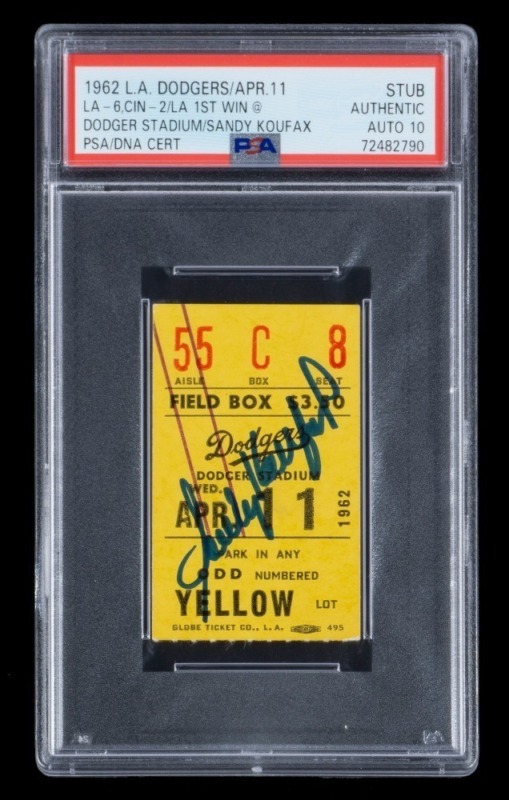 SANDY KOUFAX SIGNED FIRST WIN AT DODGER STADIUM 1962 DODGERS TICKET STUB - PSA AUTHENTIC / AUTO 10 - ONE OF TWO AUTOGRAPHED