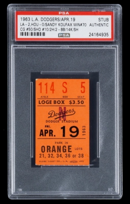 SANDY KOUFAX 1963 LA DODGERS CAREER WIN #70 & COMPLETE GAME #50 TICKET STUB - PSA AUTHENTIC - ONE OF FOUR