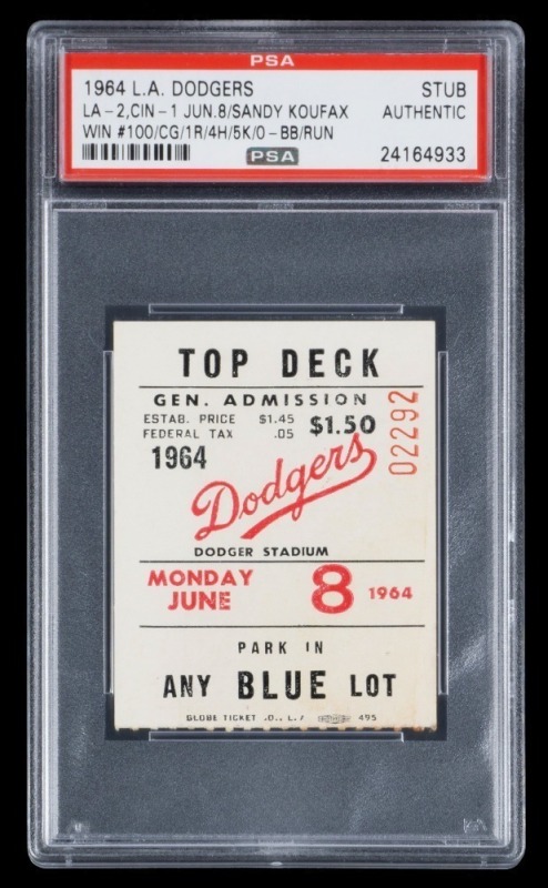 SANDY KOUFAX 1964 LA DODGERS CAREER WIN #100 TICKET STUB - PSA AUTHENTIC - ONE OF THREE