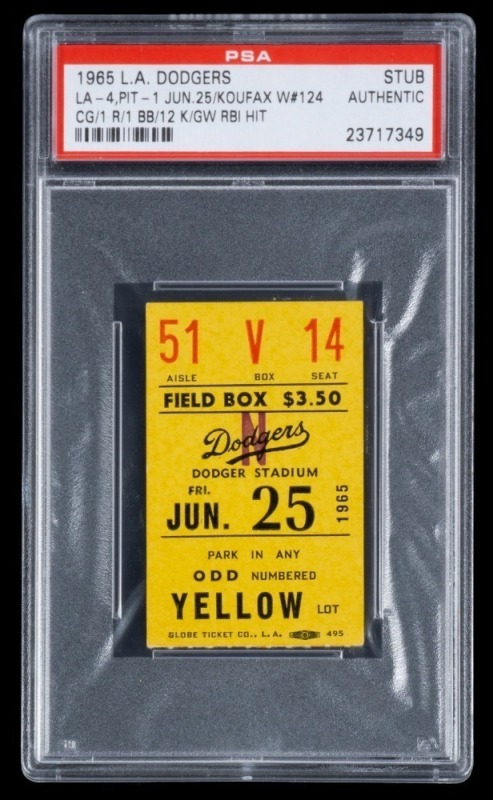 SANDY KOUFAX 1965 LA DODGERS GAME WINNING RBI & CAREER WIN #124 TICKET STUB - PSA AUTHENTIC