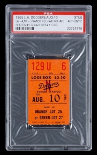 SANDY KOUFAX 1965 LA DODGERS 20TH WIN OF SEASON & 132nd OF CAREER TICKET STUB - PSA AUTHENTIC - ONE OF ONE