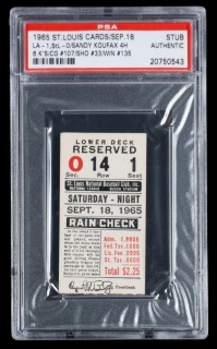 SANDY KOUFAX 135th CAREER WIN & 107th COMPLETE GAME 1965 ST. LOUIS CARDINALS TICKET STUB - PSA AUTHENTIC - ONE OF THREE