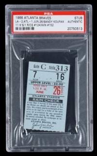 SANDY KOUFAX 152nd CAREER WIN & 124th COMPLETE GAME 1966 ATLANTA BRAVES TICKET STUB - PSA AUTHENTIC - ONE OF FOUR