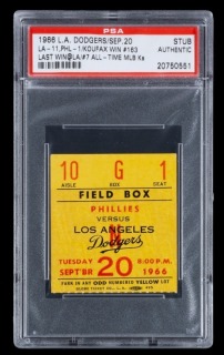 SANDY KOUFAX LAST WIN AT DODGER STADIUM 1966 LA DODGERS TICKET STUB - PSA AUTHENTIC - ONE OF FIVE