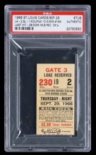 SANDY KOUFAX SECOND LAST AND 164th CAREER WIN & 3RD 300K SEASON 1966 ST. LOUIS CARDINALS TICKET STUB - PSA AUTHENTIC - ONE OF THREE