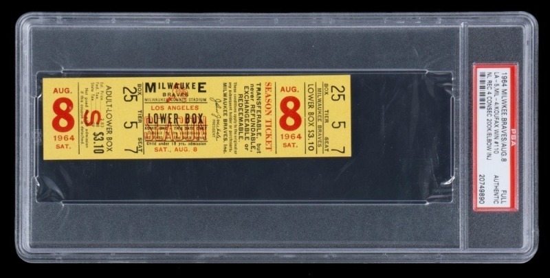 SANDY KOUFAX CAREER WIN #110 & RECORD 4TH CONSECUTIVE 200 K SEASON 1964 MILWAUKEE BRAVES FULL TICKET - PSA AUTHENTIC - ONE OF FOUR