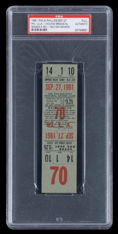 SANDY KOUFAX SINGLE SEASON NL K RECORD 1961 PHILADELPHIA PHILLIES FULL TICKET- PSA AUTHENTIC - ONE OF THREE