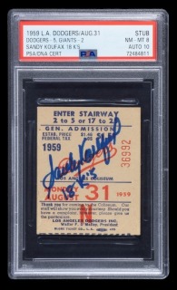 SANDY KOUFAX SIGNED & "18 K's" INSCRIBED 1959 LOS ANGELES DODGERS TICKET STUB - PSA 8 / AUTO 10 - HIGHEST GRADED AND ONLY AUTOGRAPHED