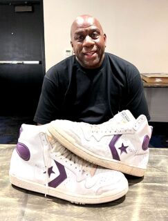 MAGIC JOHNSON 1985 GAME WORN AND SIGNED SHOES MEARS