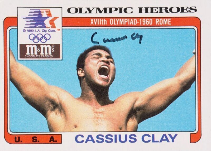 MUHAMMAD ALI "CASSIUS CLAY" SIGNED 1983 TOPPS M&M'S OLYMPIC HEROES CARD