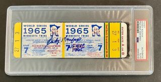 SANDY KOUFAX SIGNED AND "WS MVP 1965" 1965 WORLD SERIES GAME 7 FULL TICKET - PSA AUTHENTIC