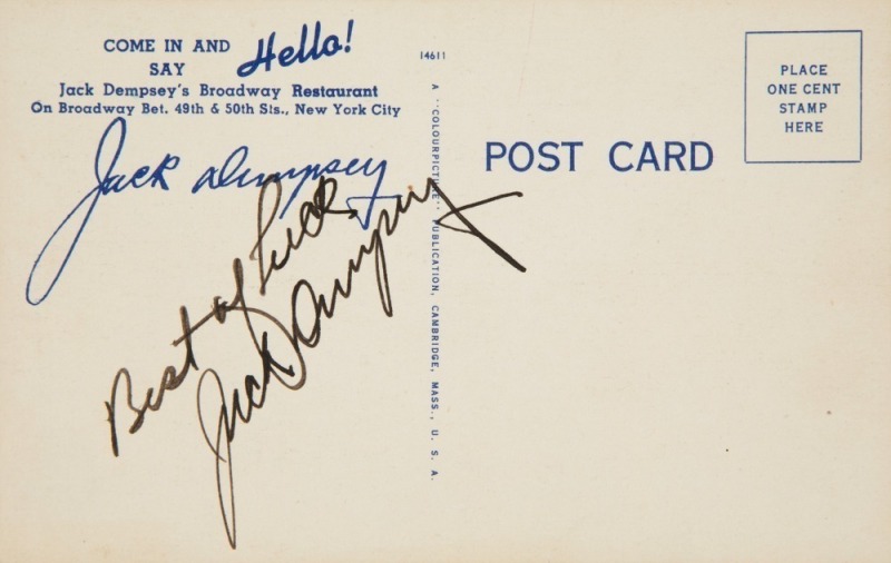 JACK DEMPSEY SIGNED POSTCARD - JSA