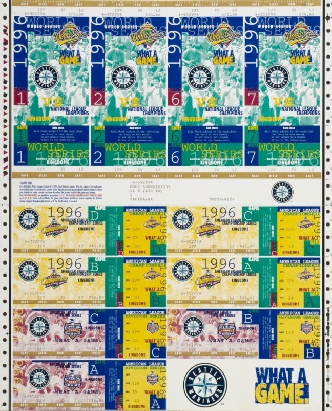 1996 SEATTLE MARINERS ALCS & WORLD SERIES TICKETS UNCUT SHEET